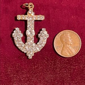 Large Beautiful Crystal Anchor Pendant Necklace - Gold Tone and Crystals